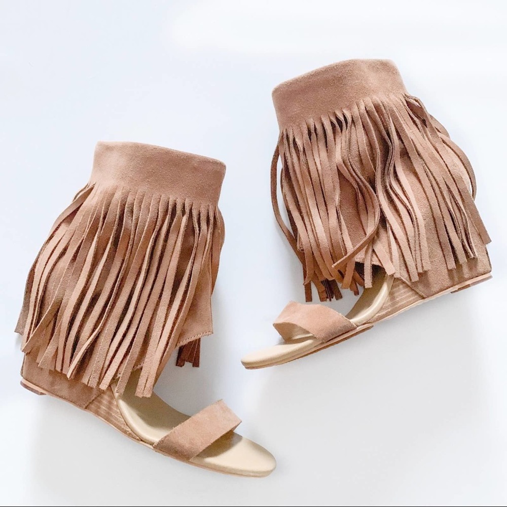 Koolaburra Tan Fringe Ankle-Wrap Sandals